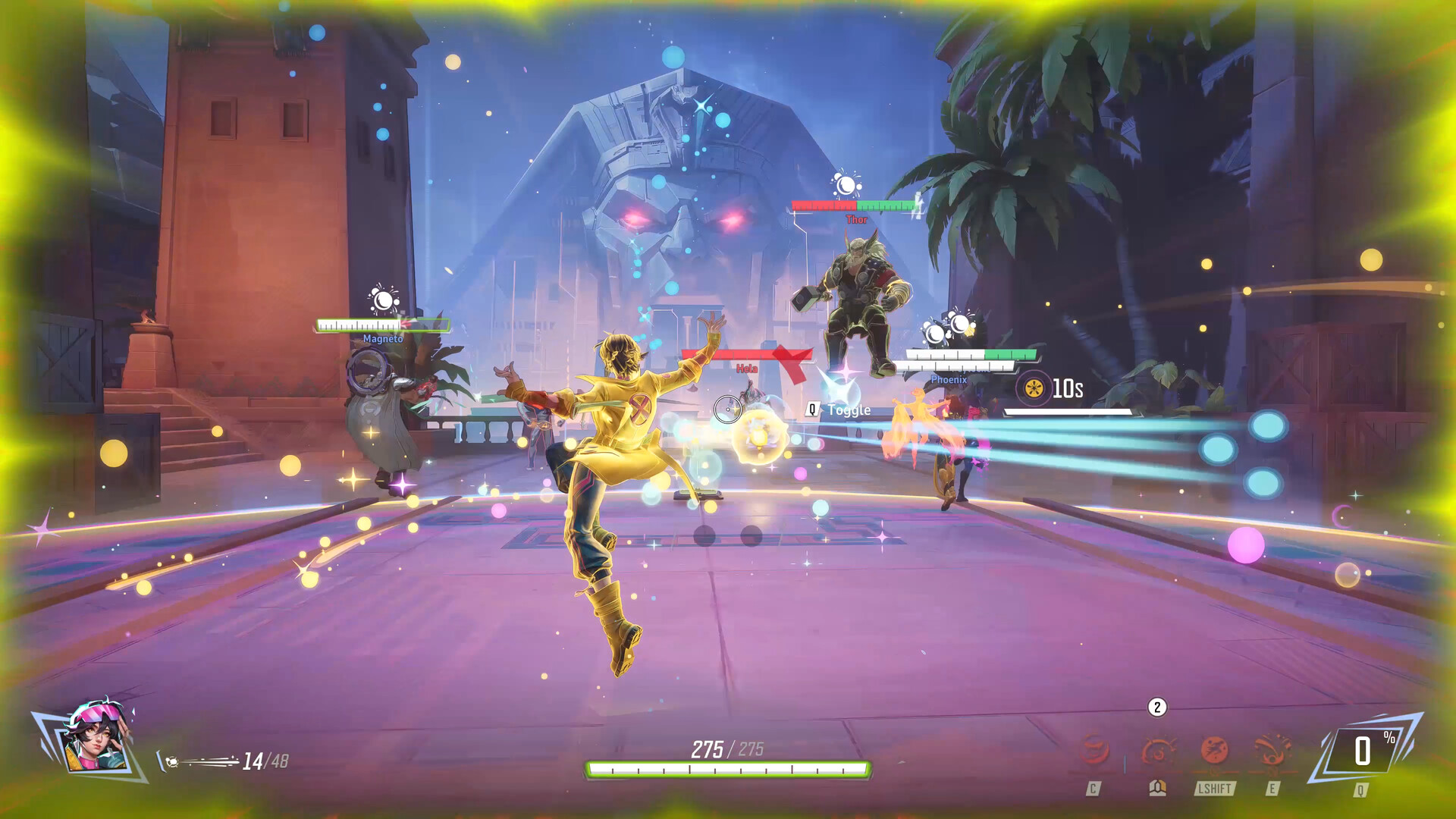 Marvel heroes fighting together across a detailed team battlefield